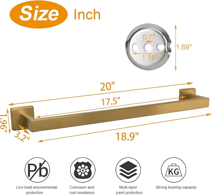 TocTen Bath Towel Rack - Square Base Thicken SUS304 Stainless Steel Towel Bar for Bathroom, Bathroom Accessories Towel Rod Heavy Duty Wall Mounted Towel Holder. (Brushed Gold, 20)