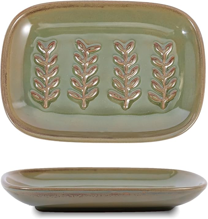 HighHerz Aesthetic Ceramic Soap Dish for Shower, Soap Holder with Raised Relief, Shower Soap Dish for Shampoo Bar Or Sponge, Soap Saver for Bathroom, Kitchen, Sink, Decorative Soap Tray (Green)
