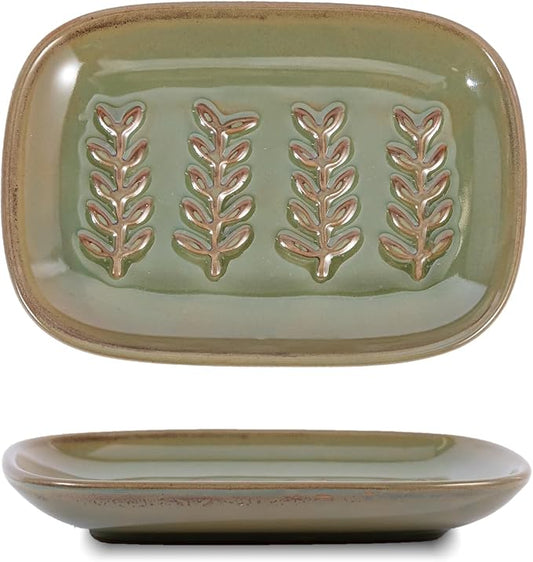 HighHerz Aesthetic Ceramic Soap Dish for Shower, Soap Holder with Raised Relief, Shower Soap Dish for Shampoo Bar Or Sponge, Soap Saver for Bathroom, Kitchen, Sink, Decorative Soap Tray (Green)