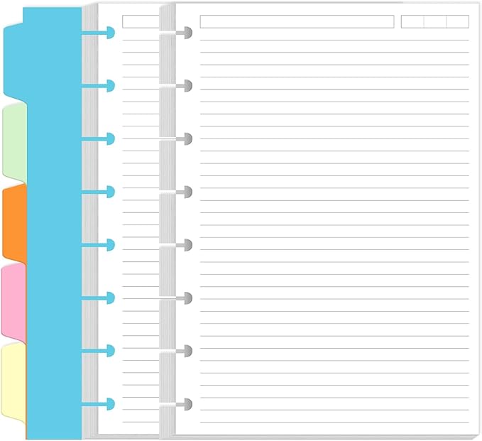 Junior Size Lined Paper Refills - 100 Sheets/200 Pages 8-Disc Refill Paper, 5 Colorful Sheets Dividers, 5.8" x 8.5"