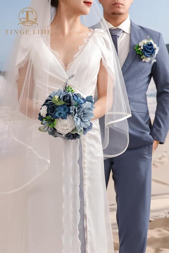 TINGE TIME 9 inch Bridal Bouquets for Bride, Artificial Silk Flowers Tossing Bouquet, Bride Bouquets for Wedding, Ceremony, Anniversary(Dustyblue)