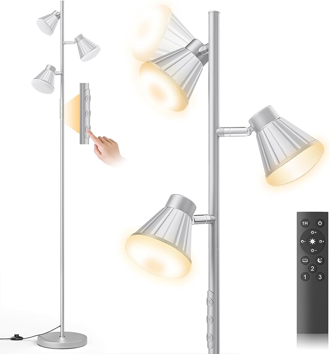 SIBRILLE 36W LED Tree Floor Lamp, Dimmable Tall Standing Lamp with Remote & Touch Control, 4 Color Temperatures Bright Floor Lamp, 3 Rotatable Light Modern Floor Lamps for Living Room Bedroom Office