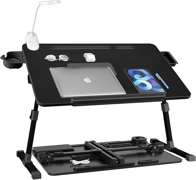 iXTRA Laptop Lap Desk with Cooling Fan - Adjustable Bed Desk with Light, Bed Table with Cup Holder&Phone Holder - Storage Drawer Desk - Folding Bed Desk,Black,70x45cm