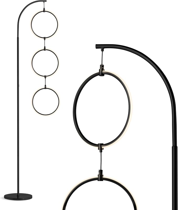 Brightech Nova Modern Floor Lamp Matches Living Room Décor - Contemporary Arc Tall Lamp with 3-Circle Ring-Style Pendant - Over The Couch Standing on Arching Pole - Eclectic- Black