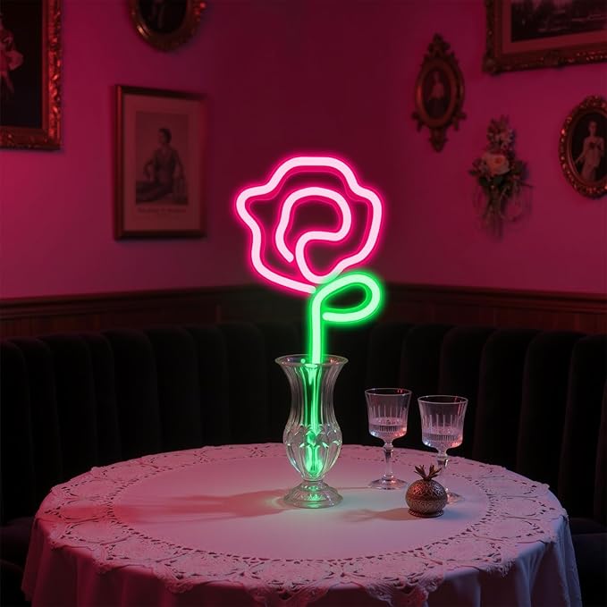 Rose Neon Sign - Red rose Flower with Green Stem Neon Art Wall Decor USB or 3-AA Battery Powered Operated for Girls Bedroom Birthday Gift Party Wedding Rose Lights for Bedroom (Pink)