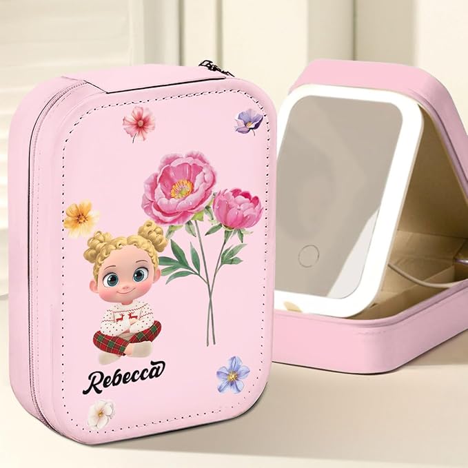 Wrappiness Girls & Women Lovely Makeup Box With LED Mirror - Personalized Jewelry Box Organizer Portable Ideal for Travel, Gift for Daughters Sisters Friends (Birth Month Flower, Toddler Girls)