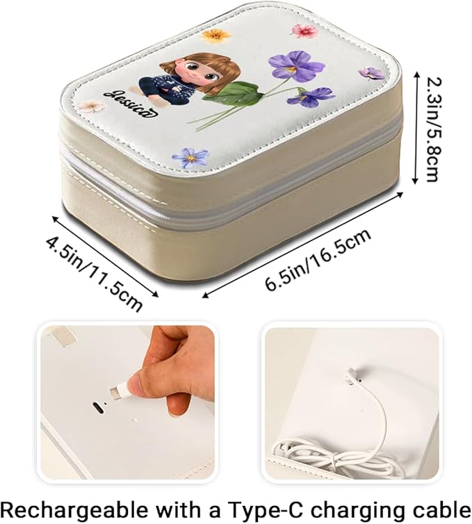Wrappiness Girls & Women Lovely Makeup Box With LED Mirror - Personalized Jewelry Box Organizer Portable Ideal for Travel, Gift for Daughters Sisters Friends (Birth Month Flower, Toddler Girls)