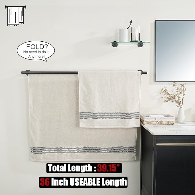 JQK Double Towel Bar Black, 39 Inch 304 Stainless Steel Thicken 1mm Towel Rack for Bathroom, Bath Towel Holder Matte Black Wall Mount, Useable Length 36 Inch, TB100L36-PB