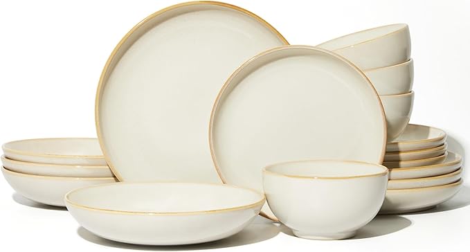 Pokini 16 Piece Double Bowl Dinnerware Sets with Pasta Bowls, Highly Chip and Crack Resistant Plates and Bowls Sets, Natural Earthyware Ceramic Dishware Sets, Service for 4 Yellow White