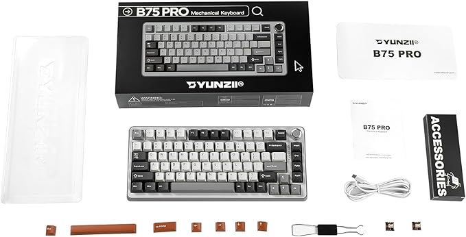 YUNZII B75 PRO Wireless Mechanical Keyboard,75% Layout with Knob,Hot Swap Gasket Custom Structure,Creamy Pre-lubed Switches,RGB Backlit,Bluetooth/Type-C/2.4G for Win/Mac(Milk Switch,Grey)