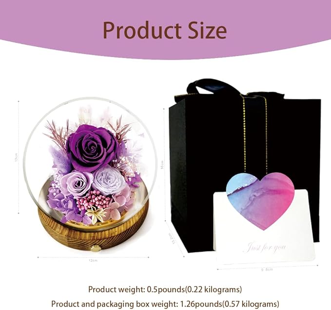 Preserved Real Rose Flowers in Glass Dome with LED Lights,Real Rose Flowers Unique Floral Gift for Girlfriend Mom Wife Girlfriend on Christmas Birthday Anniversary (Aurora Purple)