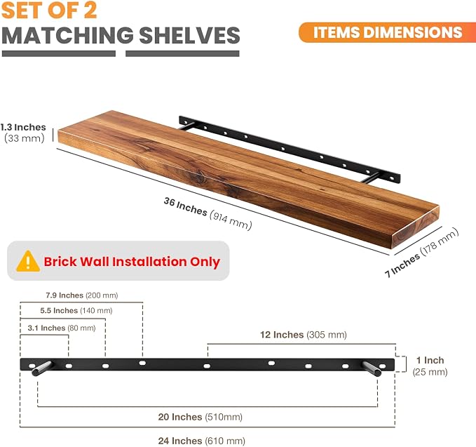 BATODA Set of 2 36" Wood Floating Shelves Wall Mounted – Rustic Farmhouse Wooden Wall Storage Shelf for Bedroom, Kitchen, Home Décor - Brackets and Shelving Hardware Included (Acacia, 36inch)