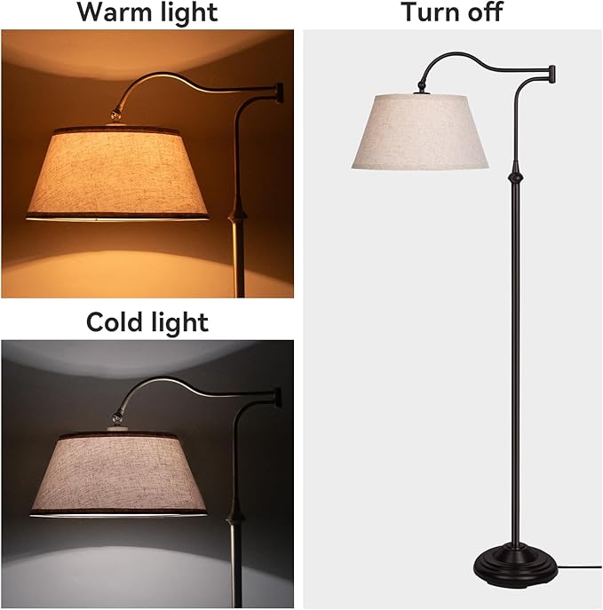 Swing Arm Floor Lamp, Arc Floor Lamps with 180° Adjustable Cantilever for Living Room, Mid Century Standing Lamp with Linen Shade, Tall Lamps for Bedroom Living Room Office Reading Room (Brown)