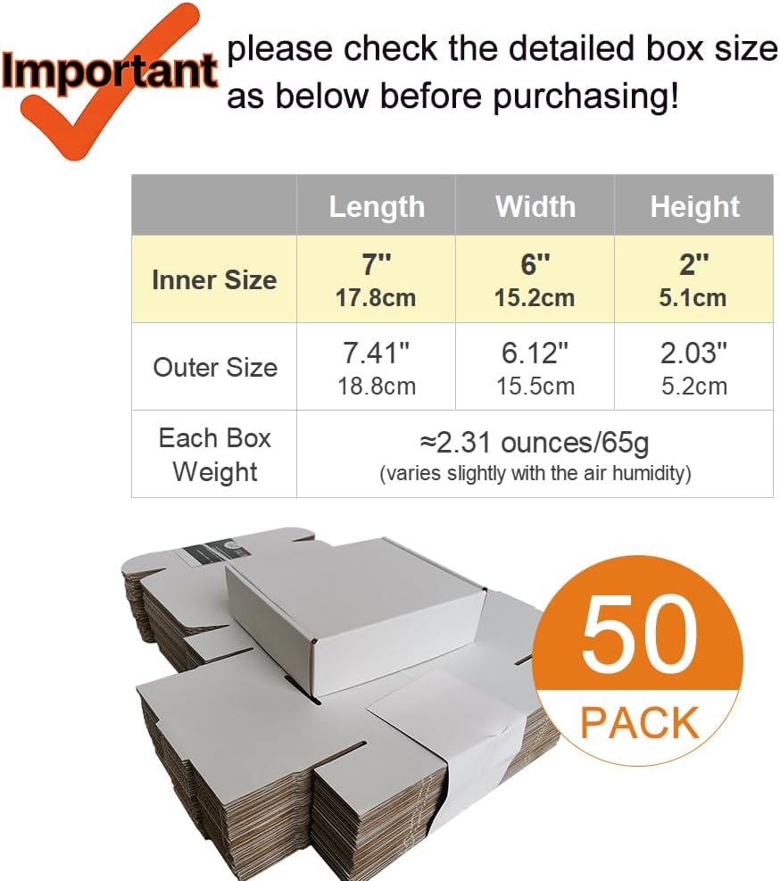 Skiennix Small Shipping Boxes - 50 Pack Corrugated Cardboard Mailers for Business | White 7x6x2''