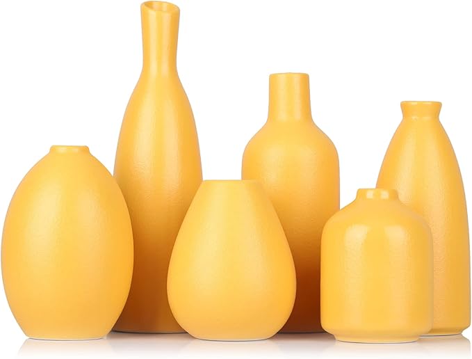 Yellow Ceramic Bud Vases Set of 6, Mini Vases for Farmhouse Mantel, Shelf & Fireplace, Home Accents for Living Room, Entryway, Bathroom, Kitchen, Office, Bulk Table Decor