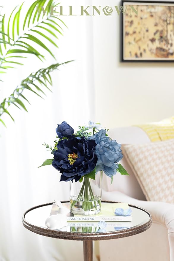 WELL KNOWN Artificial Flowers in Glass Vase with Fake Water, Silk Peony Flower Bouquet for Home Dinning Tea Table, Office Desktop, Hotel, Wedding, Party, Lavatory Decor & Gift (Navy Blue & Light Blue)