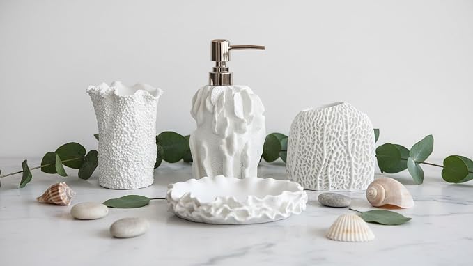 Hymmah Bathroom Accessories Set,Coral Seashell Design Toothbrush Holder,Farmhouse Bathroom Decor,4 Pcs Resin Gift Set Apartment Necessities, Contain Toothbrush Cup,Soap Dispenser,Soap Dish,Tumbler