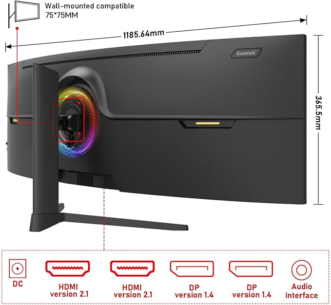 Gawfolk 49 inch Ultra-Wide Curved 1500R Gaming Computer Monitor, DQHD(5120×1440), 240Hz, 1MS, FreeSync, 120% sRGB, Height Adjustable PC Screen, HDMI2.1 & DP1.4, Compatible Wall Mount 75 * 75mm-Black