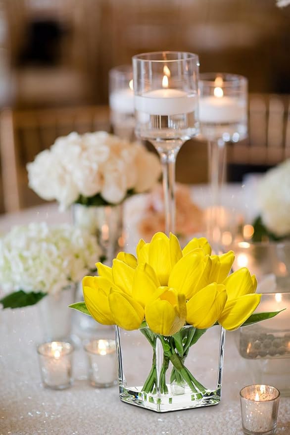 DILATATA Artificial Yellow Tulips in Vase with Faux Water 5.5" Real Touch Flowers Fake Tulips Small Flowers Arrangement in Cube Glass Vase for Mother's Day Table Centerpiece Wedding Home Decor 2 Pack