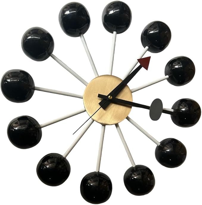 Mid Century Modern Ball Clock – George Nelson Style Wooden Wall Clock, Retro Starburst Design, Silent Non-Ticking Decorative Wall Decor for Living Room, Office, Kitchen & Home (Black, 20 Inch)