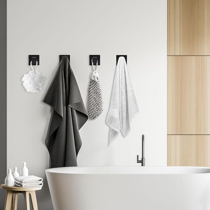 4 Pack Matte Black Towel Hooks for Bathroom, Heavy Duty 33lb Stainless Steel Wall Hooks, Modern Square Robe Hook Screw Mounted for Hanging Coats, Hats, Bags, Rustproof Hardware