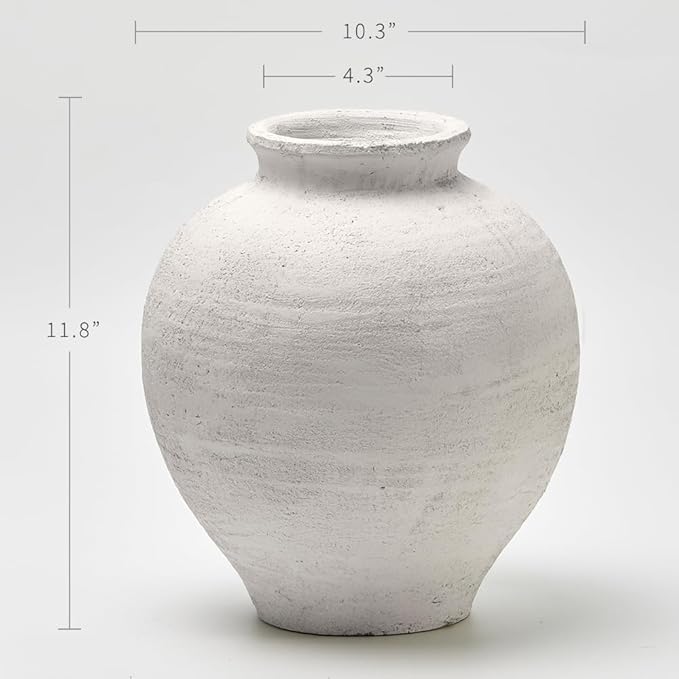 LB2 White Ceramic Large Vase, 11" Tall Zen Style vase, Terra Cotta Pitcher Vase, Distressed Farmhouse Decor, Pottery Decorative Flower for Home Decor (C - White 11.8")