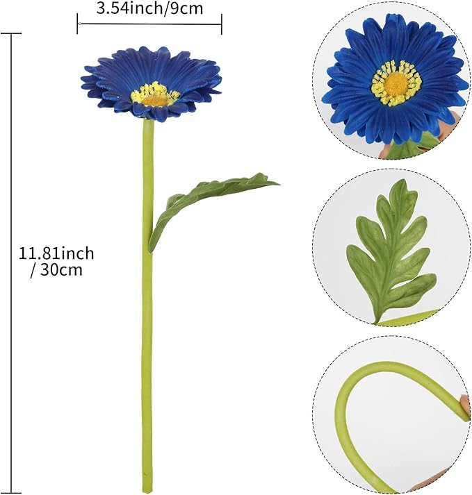 Royal Blue Gerbera Daisy Artificial Flowers 8 Pcs PU Realistic Fake Wildflowers for Vase Home Living Room Bathroom Kitchen Decor