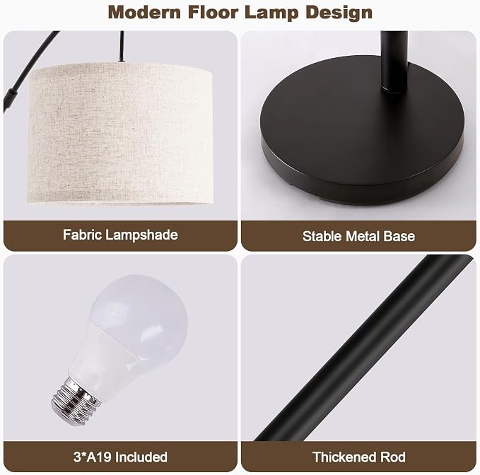 Netin Arc Floor Lamp with Remote, 3 Light Floor Lamp for Living Room Bright Lighting, 3 Color Temperature, Dimmable Tall Standing Lamp, Mid Century Tree Floor Lamp for Bedroom Office