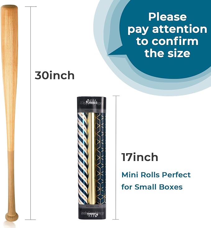 Ribbli Teal Gold Father’s Day Wrapping Paper Mini Roll, 3 Rolls Birthday Gift Wrap for Men Boy Friend Wedding - 17 inch x 120 inch(10feet) Per Roll