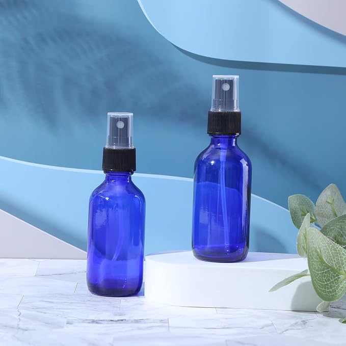 LUFEVRM 2oz Blue Glass Spray Bottles,Empty Small Perfume Travel Refillable Reusable Fine Mister Spray Bottle for Hair,Cleaning Solutions,Aromatherapy and Essential Oil with Extra Nozzle(2 Pack)