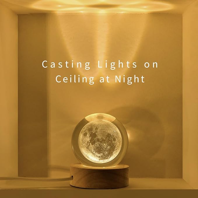 3D Moon Crystal Ball with LED Stand, Moon Figurine Decor Glass Sphere Lamp, Space Planet Globe Night Light Gifts for Women Men Mom Kids