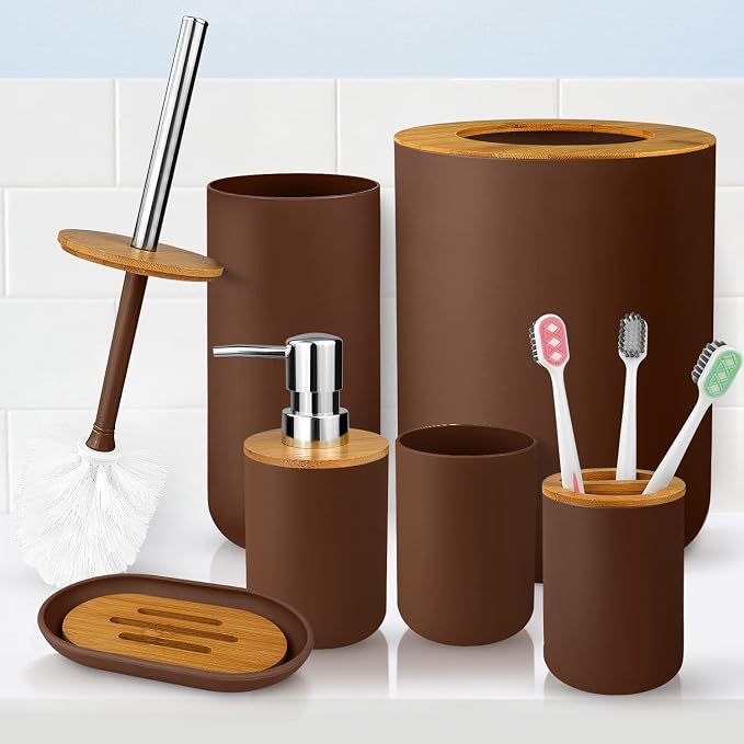 6 Pcs Bamboo and Plastic Bathroom Accessories Sets, Includes Toothbrush Cup, Toothbrush Holder, Soap Dispenser, Soap Dish, Toilet Brush with Holder, Trash Can, with 3 Pcs Toothbrushes (Brown)