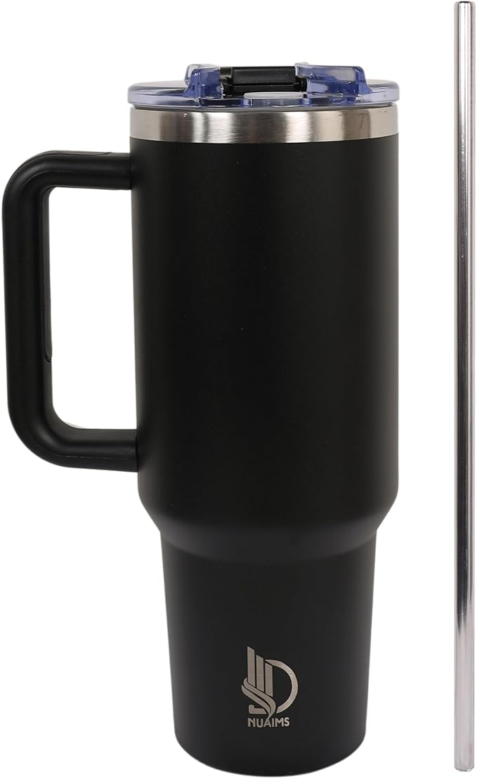 40oz Insulated Tumbler with Handle, Leakproof Straw Lid & Carry Handle - Double Wall Vacuum Insulation Keeps Ice 24 Hours, BPA Free Stainless Steel Water Bottle (Charcoal black)