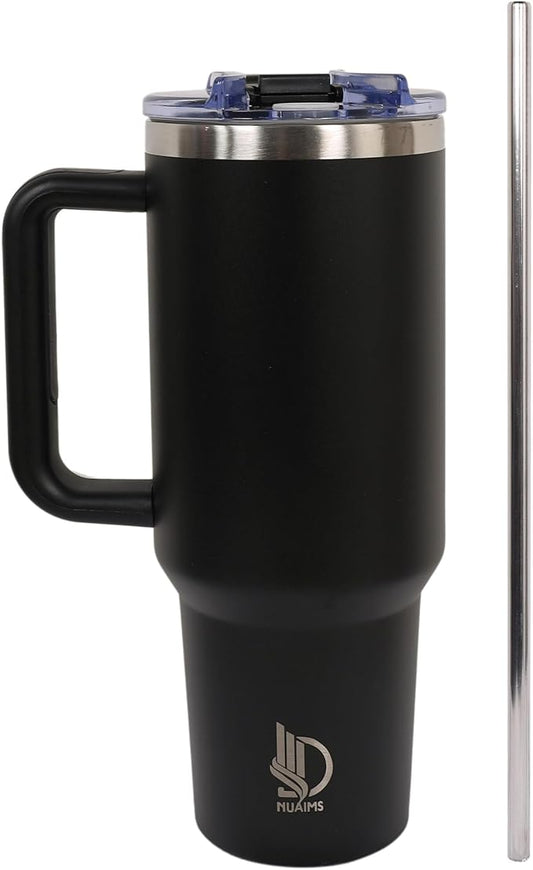 40oz Insulated Tumbler with Handle, Leakproof Straw Lid & Carry Handle - Double Wall Vacuum Insulation Keeps Ice 24 Hours, BPA Free Stainless Steel Water Bottle (Charcoal black)