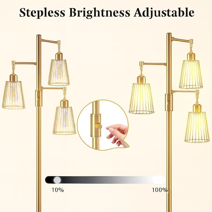 PESRAE Dimmable Industrial Floor Lamp, Farmhouse Floor Lamp Standing Tree Lamp with 3 Elegant Teardrop Cage Heads & Included 3 x 1200LM Edison LED Bulbs, Tall Lamp for Living Room, Bedroom (Gold)