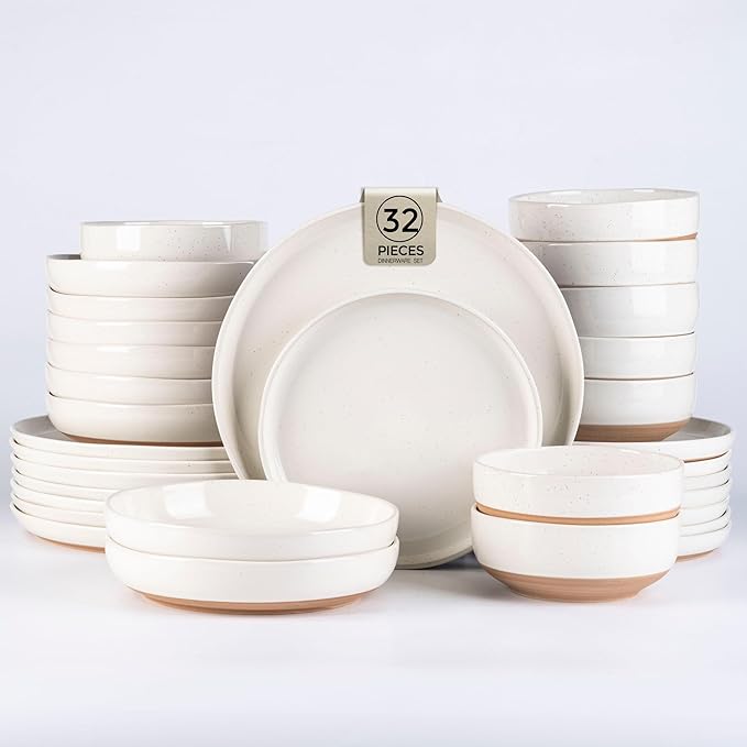AmorArc Ceramic Dinnerware Sets with Pasta Bowls for 8, Handpainted Plates and Bowls Set with Rustic Terracotta Underside, Scratch Resistant Dishes Set, Dishwasher & Microwave Safe, 32 Pcs