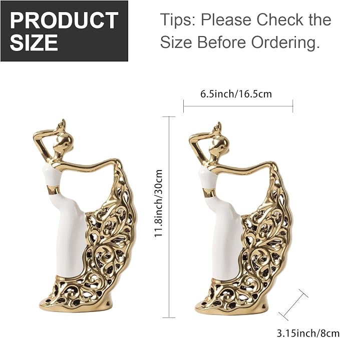 2 Pcs Ceramic Statues Home Decor, Dancer Women Sculpture Figurine, Modern Aesthetic Abstract Art Decorative Accent for Living Room Bedroom Bookshelf Dining Table Centerpiece Office (White and Gold)