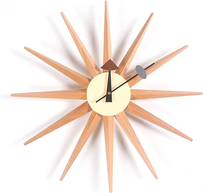SHISEDECO Modern Art Sunburst Clock in Natural Color, Non Ticking Wooden Mid Century Retro Design Decorative Silent Wall Quartz Clocks for Home, Kitchen, Living Room, Office and Bedroom etc.