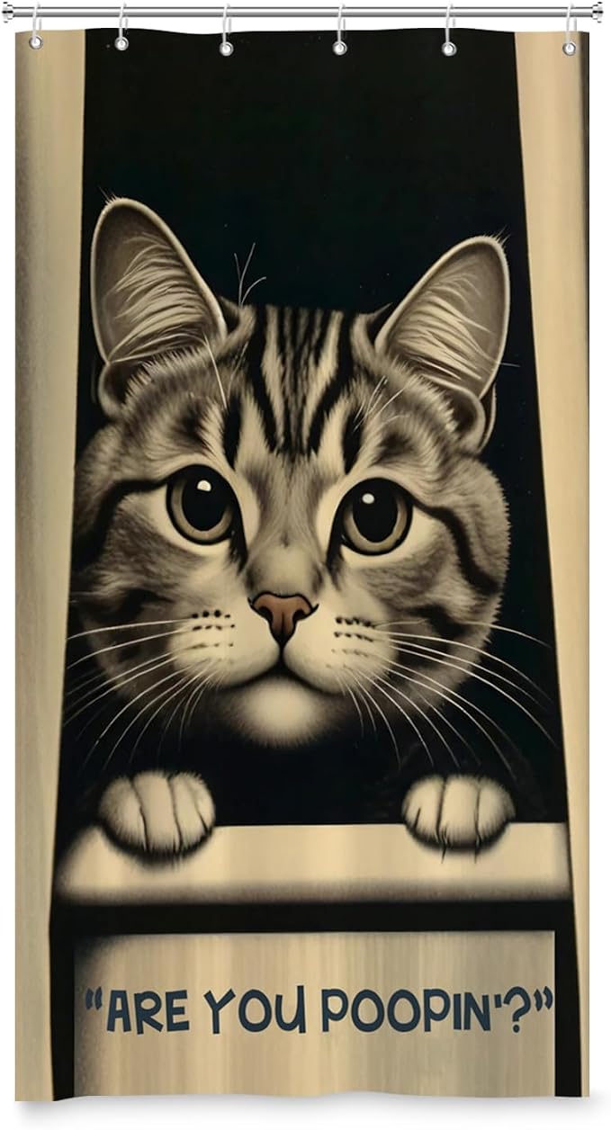 Cat Shower Curtains Cute are You Poopin' Funny Humorous Animal Whimsical Bathroom Curtain Curious Joke Cat Shower Curtain Sets for Bathroom Extra Long 54x72 in with 10 Hooks