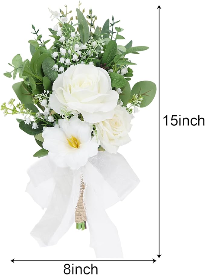 Set of 2 Bridesmaid Bouquets for Wedding - 7 Inch Artificial Flowers Bouquets for Ceremony Anniversary Centerpieces Decorations - White