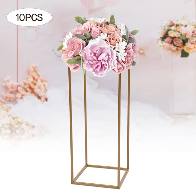 10PC 31.5" Flower Stand for Wedding Metal Cylinder Stands for Party Rectangular Gold Centerpieces Flower Vase Gold Pedestal Columns for Weddings Indoor Outdoor Flower Plant Stand Decoration