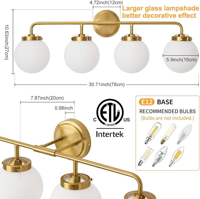 Bathroom Light Fixtures Gold Vanity Lights Over Mirror, Modern Wall Sconce Lighting 4-Light with White Glass Globe Shade
