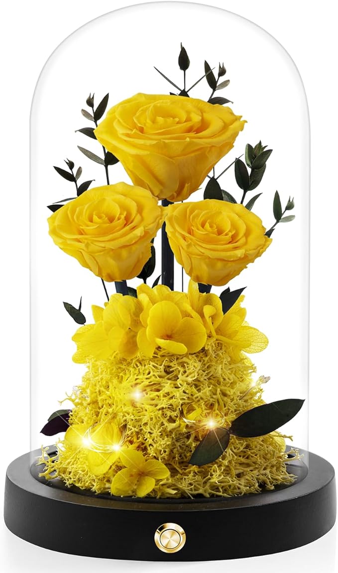 Christmas Flowers Roses Gifts for Mom,Forever Real Preserved Roses in Glass Dome,Christmas Anniversary Thanksgiving Gifts for Wife Girlfriend Women Best Friend Grandma/Yellow Rose