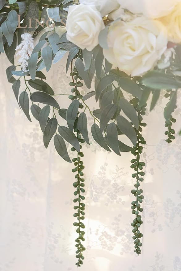 Ling's moment 9FT Spring Flower Garland for Backdrop Decorations - Wedding Arch Flowers, Eucalyptus & Rose, Artificial Floral Garland for Mantel - Sweetheart Table Decor for Reception, White & Sage
