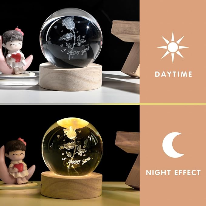 3D Rose Crystal Ball with LED Stand, Rose Figurine in Glass Sphere Lamp Night Light, I Love You Decor Gifts for Women Girls Mom Kids