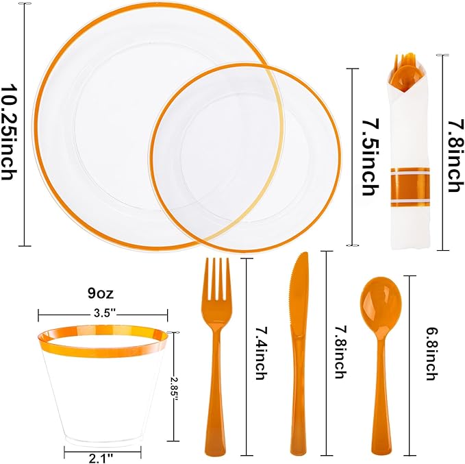 SUT 175Pcs Orange and Clear Plastic Dinnerware Set for 25 Guests, Include: 25 Dinner Plate, 25 Dessert Plates, 25 Pre Rolled Napkins With Silverware, 25 Cups, Disposable Plates for Thanksgiving, Party
