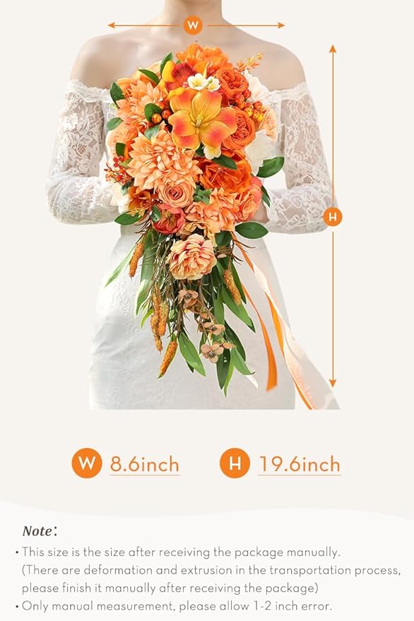 Serwalin 11 Inch Wedding Bouquets for Bride Bridesmaid,Fall Cascading Orange Bridal Bouquets for Bride,Wedding Ceremony and Anniversary Day Decor