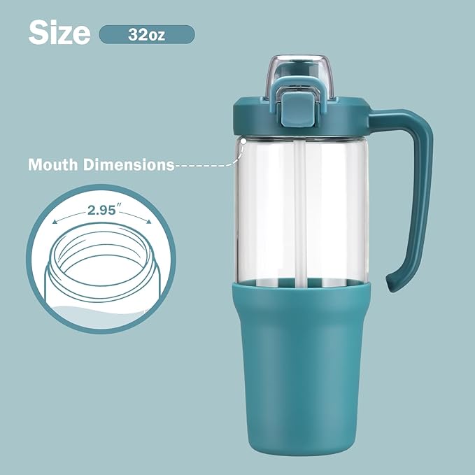 32oz Glass Water Bottle, 2-in-1 Straw and Sip Spout Lid, Leakproof Wide Mouth Tumbler with Handle, BPA-Free Reusable Bottle for Sports, Office, Outdoor, Peacock Blue
