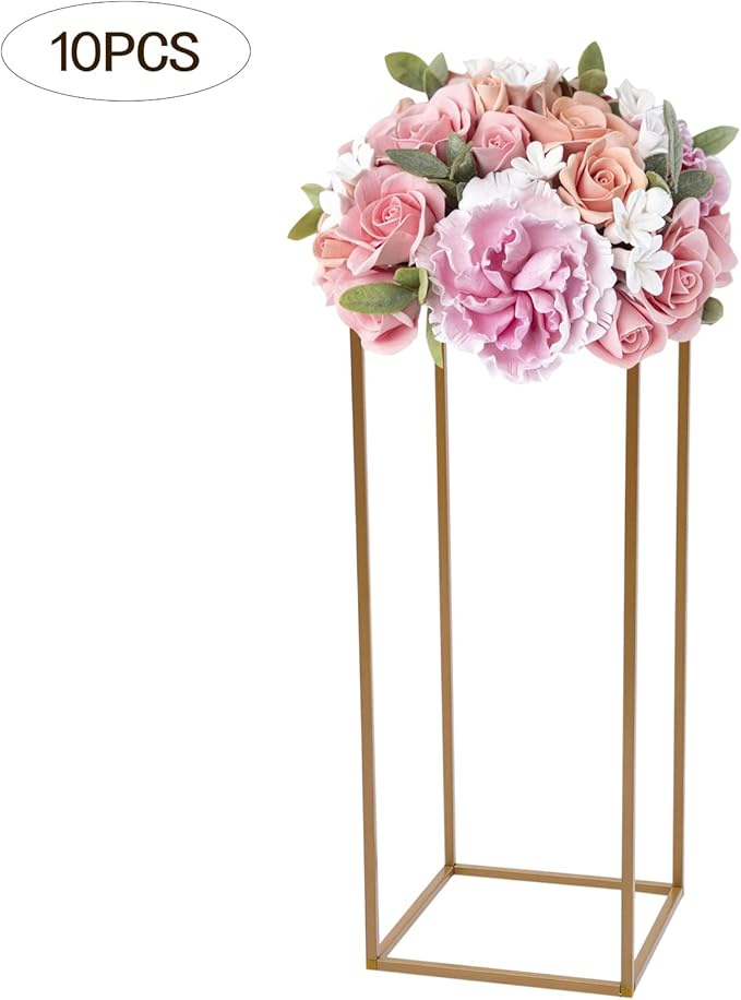 10PC 31.5" Flower Stand for Wedding Metal Cylinder Stands for Party Rectangular Gold Centerpieces Flower Vase Gold Pedestal Columns for Weddings Indoor Outdoor Flower Plant Stand Decoration