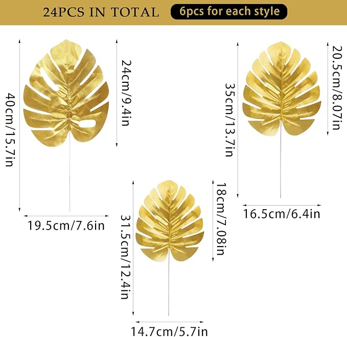 CCINEE 24PCS Golden Artificial Palm Leaves, 3 Sizes Faux Monstera Leaves Simulation Safari Leaves with Stems for Home Hawaiian Luau Party Jungle Beach Theme Party Decoration